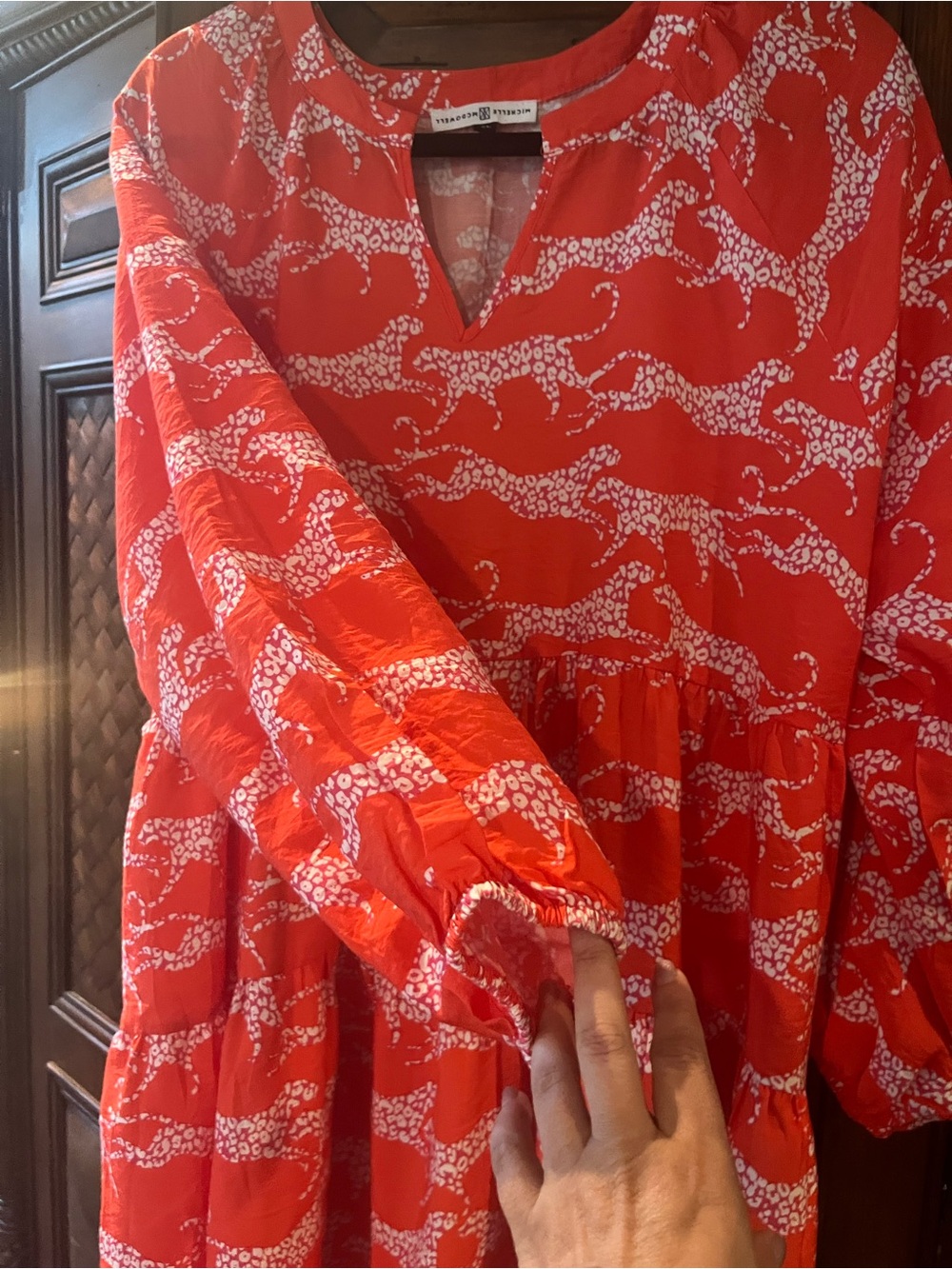 Vibrant Red Printed Tiered Dress with Playful White Pattern - Picture 3 of 4